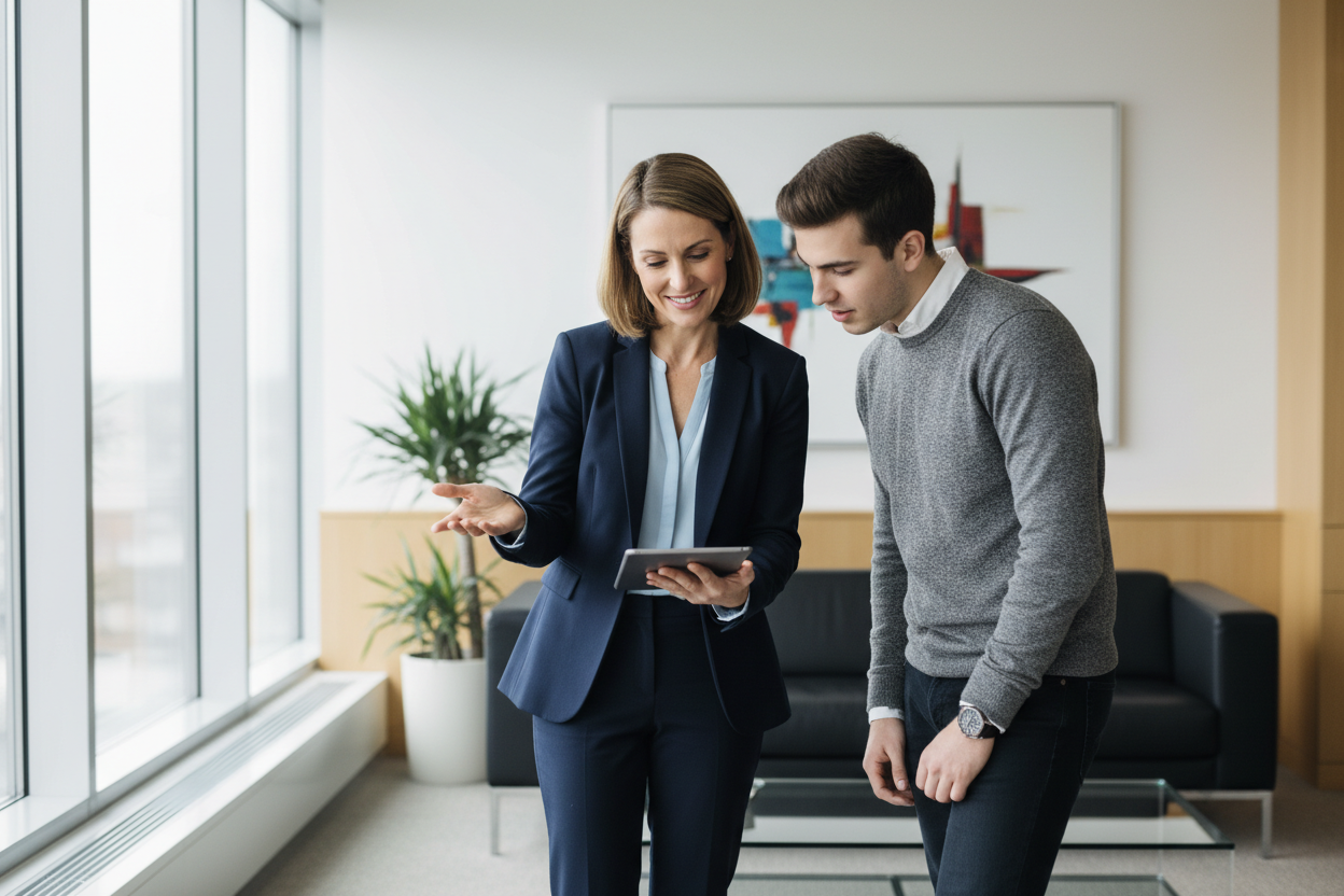 genera immagine in cui un consulente parla con un giovane ragazzo